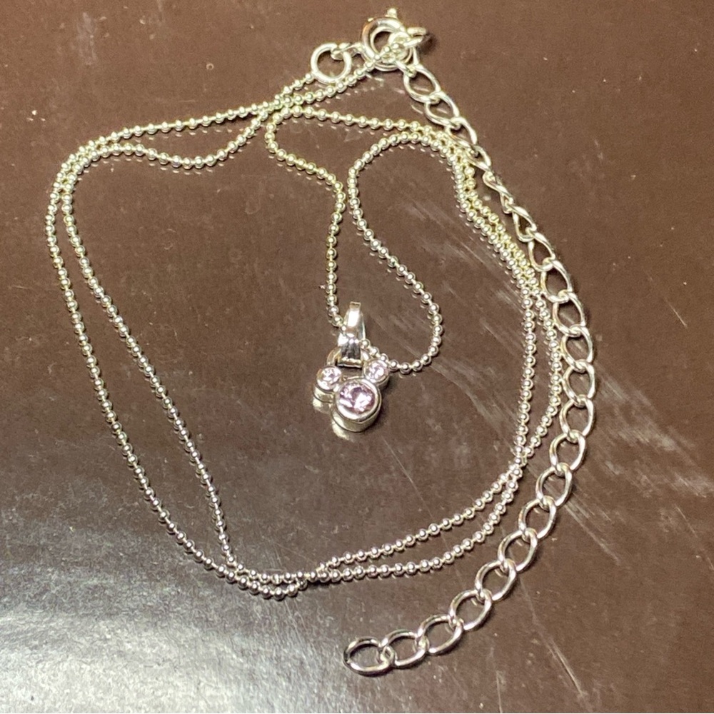 Disney 18” Adjustable Silver Chain Necklace Mickey Head Icon Pink Stone